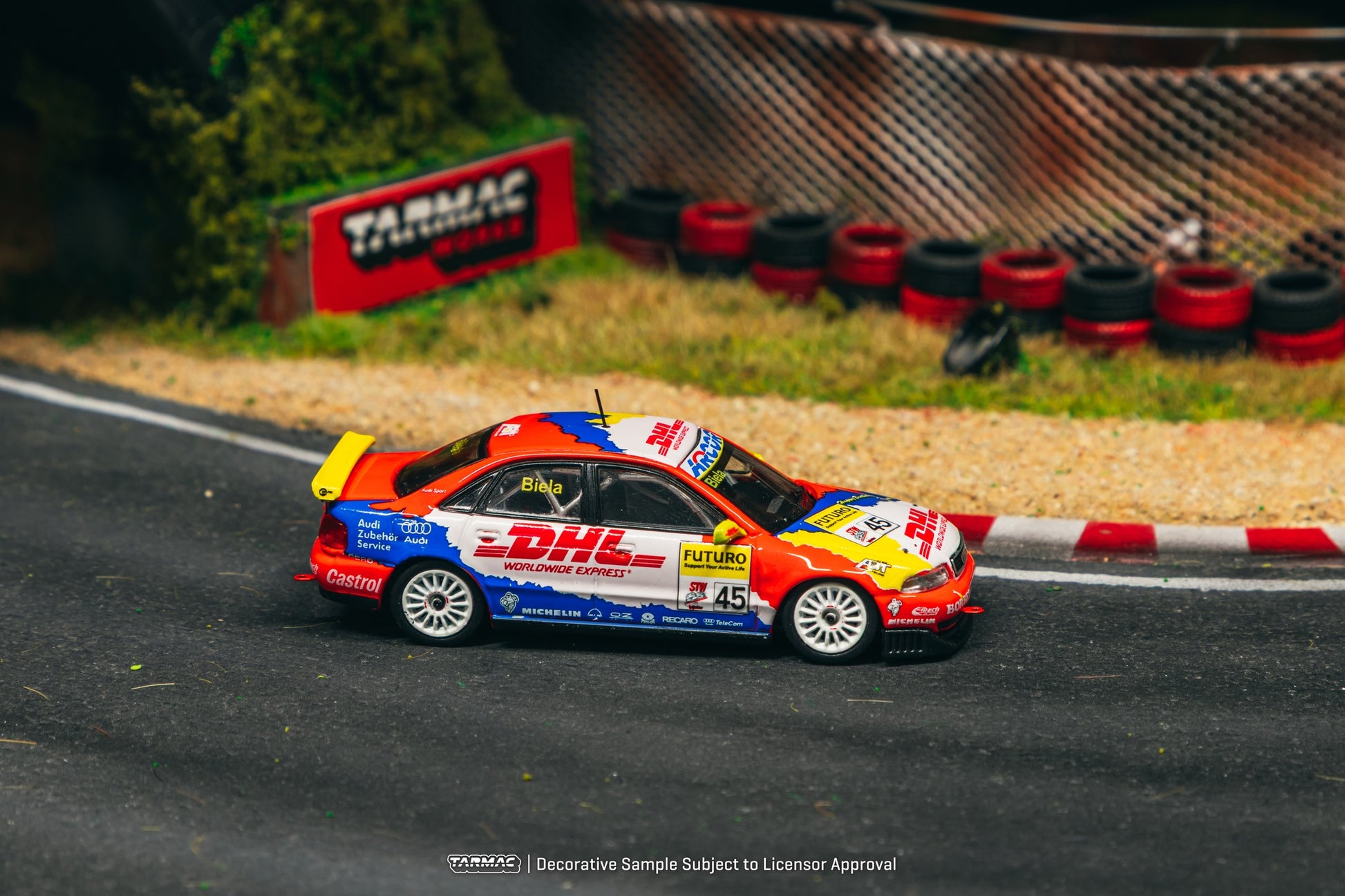 Tarmac Works Audi A4 Quattro #45 Frank Biela 1:64 scale model car from the 1998 Super Tourenwagen Cup. Side