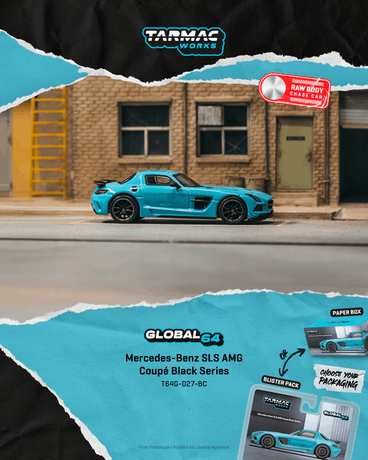 Tarmac Works 2012 Mercedes-Benz SLS AMG Black Series in Baby Blue Matt, 1:64 Global64 blister-packaged model.