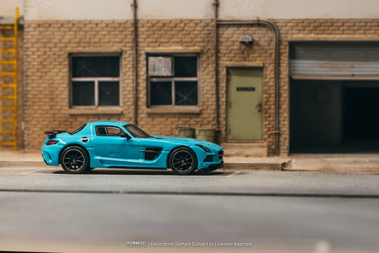 Tarmac Works 2012 Mercedes-Benz SLS AMG Black Series in Baby Blue Matt, 1:64 Global64 blister-packaged model.