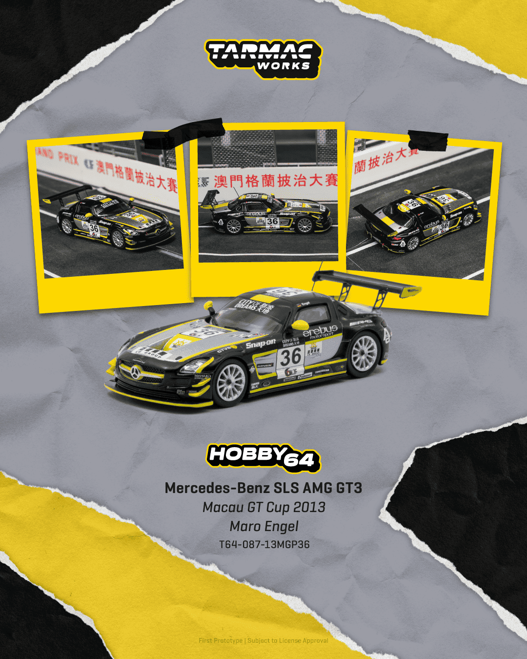 Tarmac Works 2013 Mercedes-Benz SLS AMG GT3 #36 Maro Engel Macau GT Cup, a 1:64 Hobby64 model.