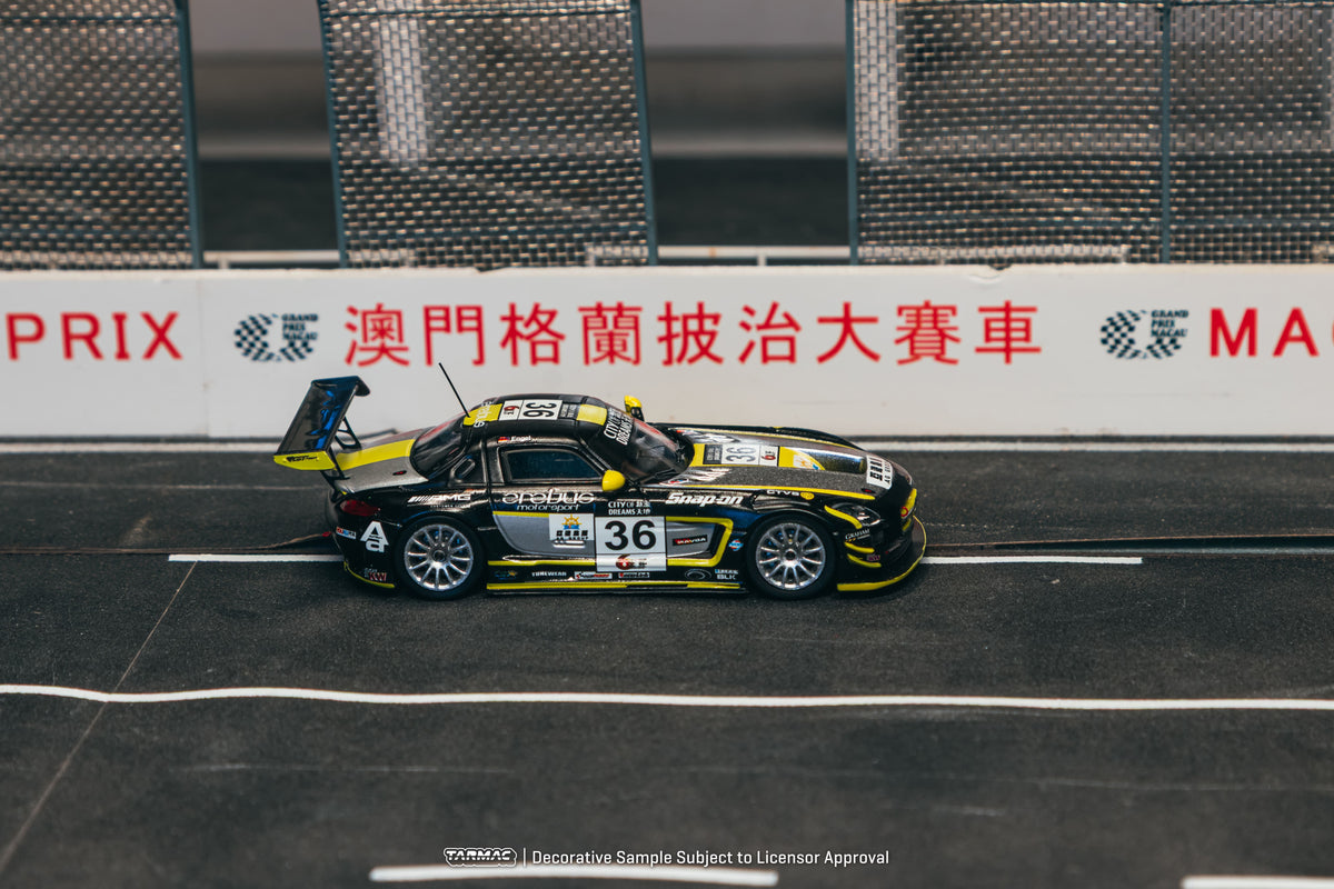 Tarmac Works 2013 Mercedes-Benz SLS AMG GT3 #36 Maro Engel Macau GT Cup, a 1:64 Hobby64 model.