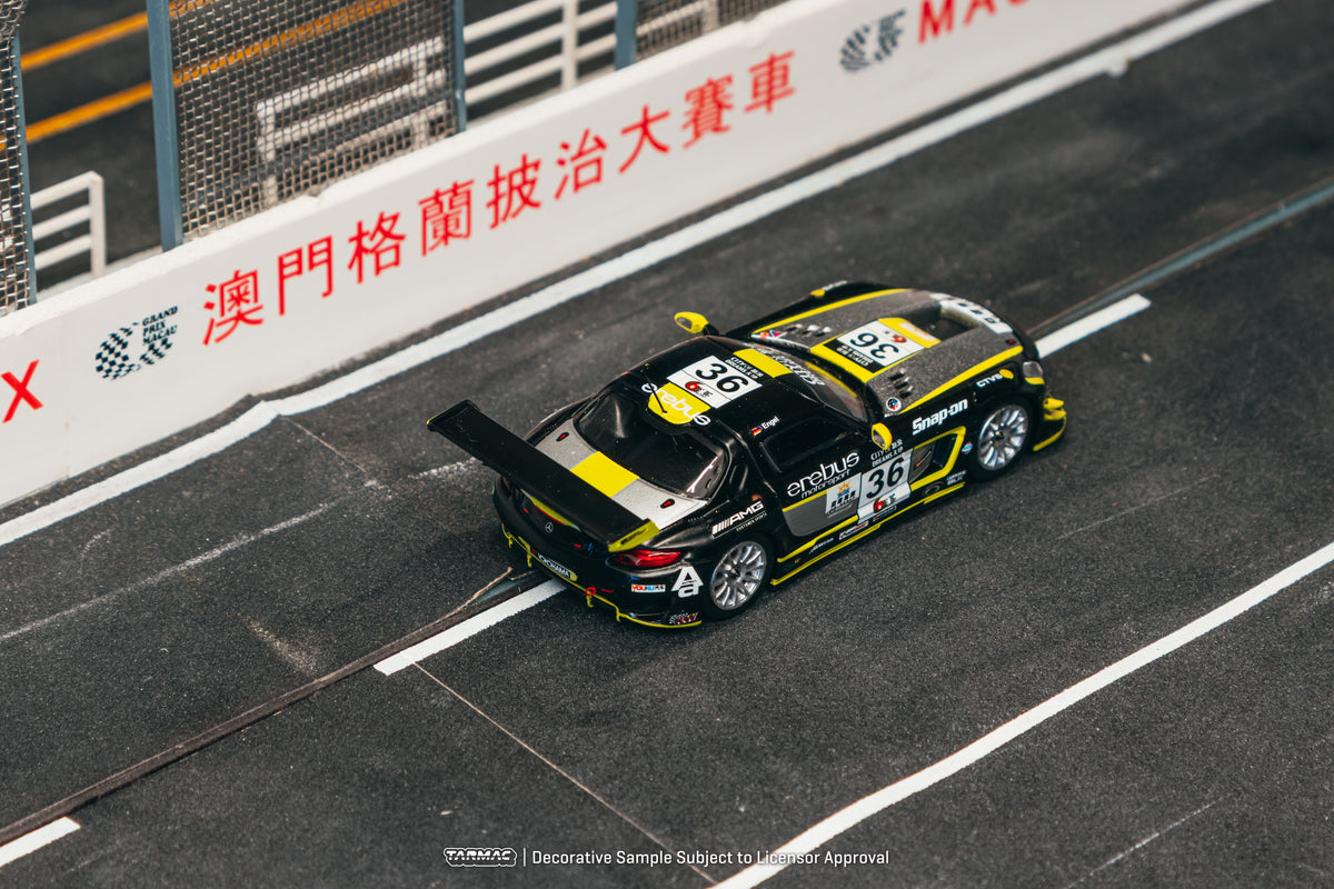 Tarmac Works 2013 Mercedes-Benz SLS AMG GT3 #36 Maro Engel Macau GT Cup, a 1:64 Hobby64 model.