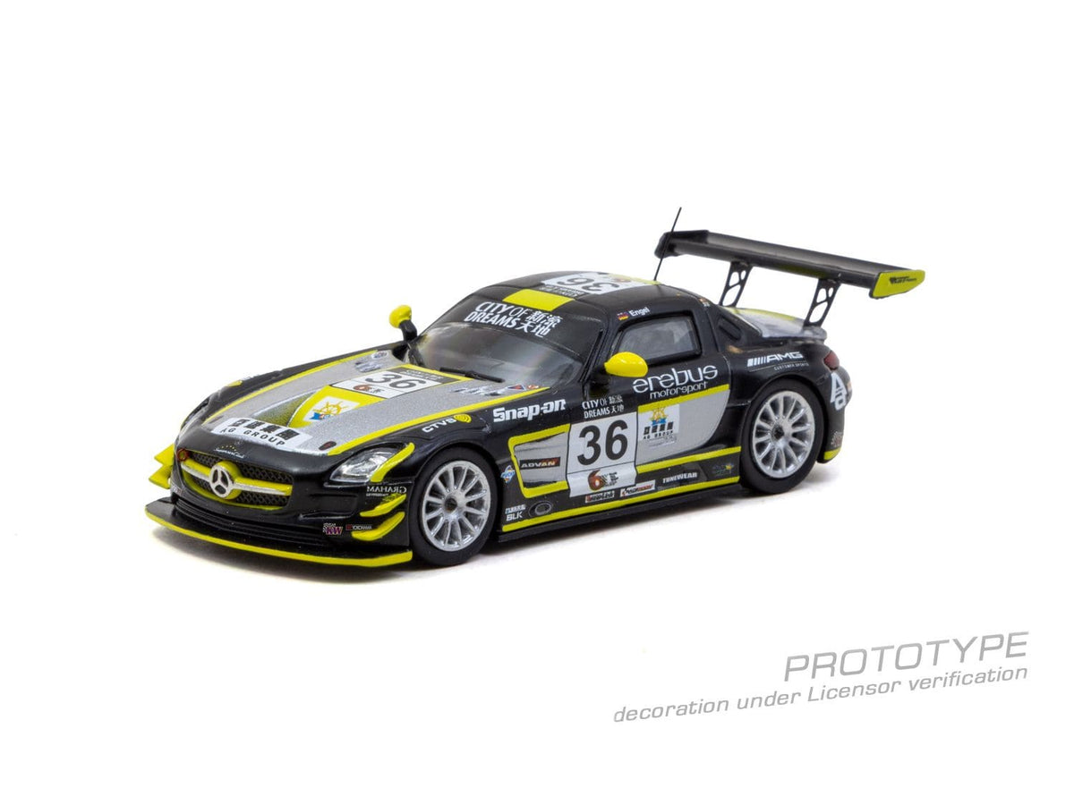 Tarmac Works 2013 Mercedes-Benz SLS AMG GT3 #36 Maro Engel Macau GT Cup, a 1:64 Hobby64 model.