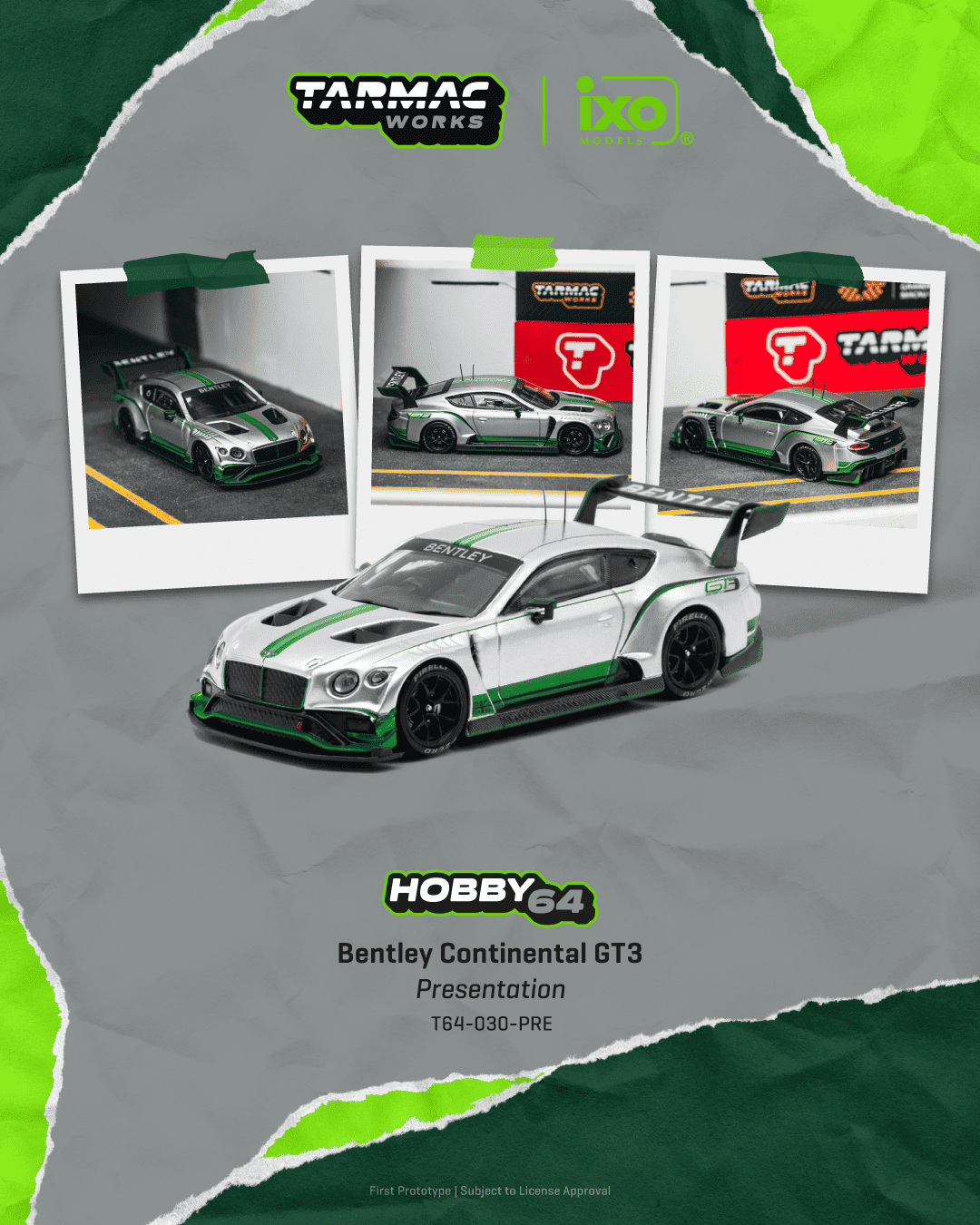 Tarmac Works 2018 Bentley Continental GT3 Presentation in silver and green, a 1:64 Hobby64 model.