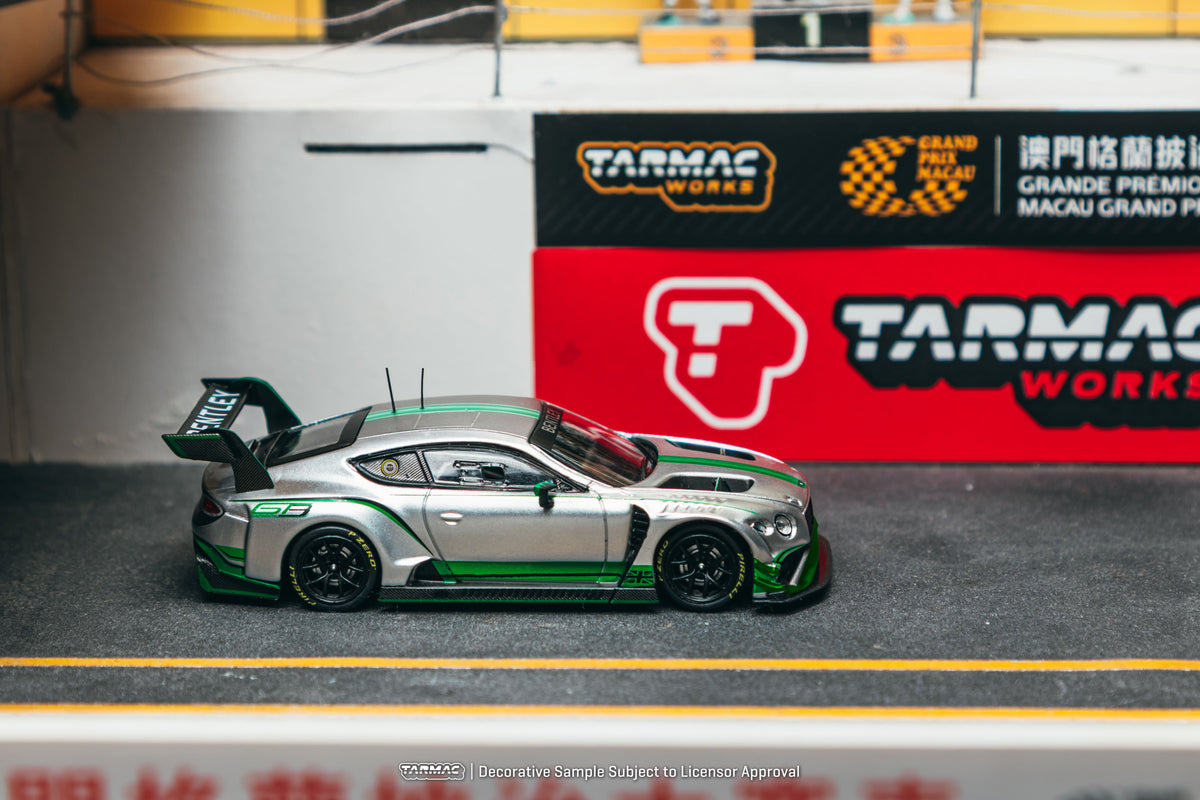 Tarmac Works 2018 Bentley Continental GT3 Presentation in silver and green, a 1:64 Hobby64 model.