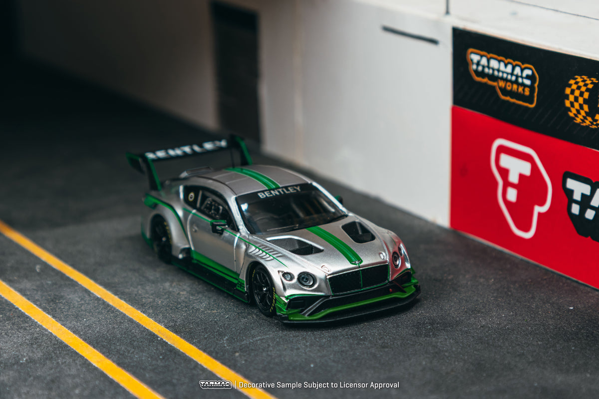 Tarmac Works 2018 Bentley Continental GT3 Presentation in silver and green, a 1:64 Hobby64 model.