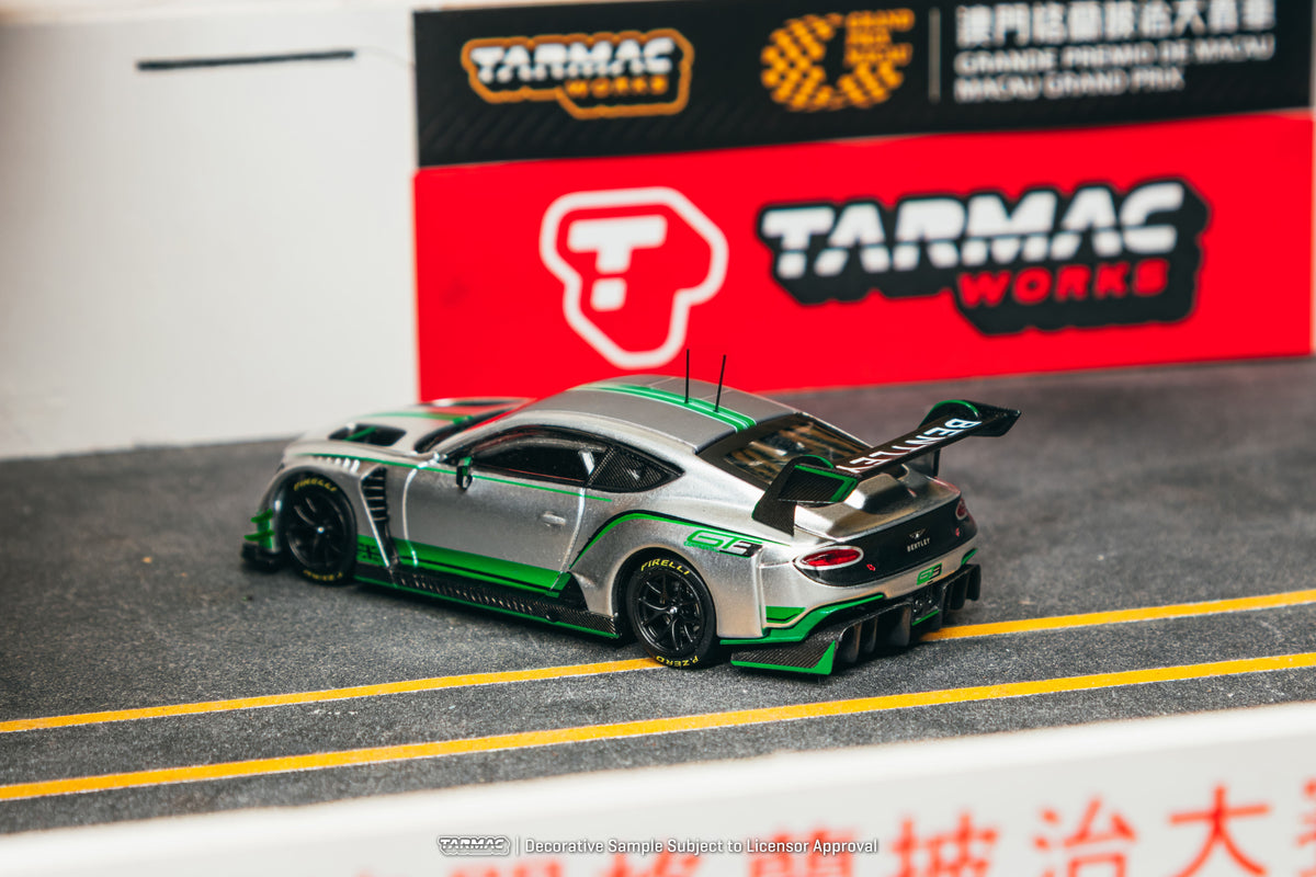 Tarmac Works 2018 Bentley Continental GT3 Presentation in silver and green, a 1:64 Hobby64 model.