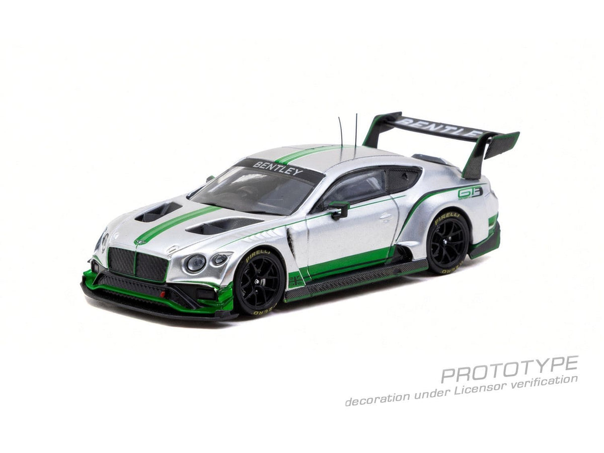 Tarmac Works 2018 Bentley Continental GT3 Presentation in silver and green, a 1:64 Hobby64 model.