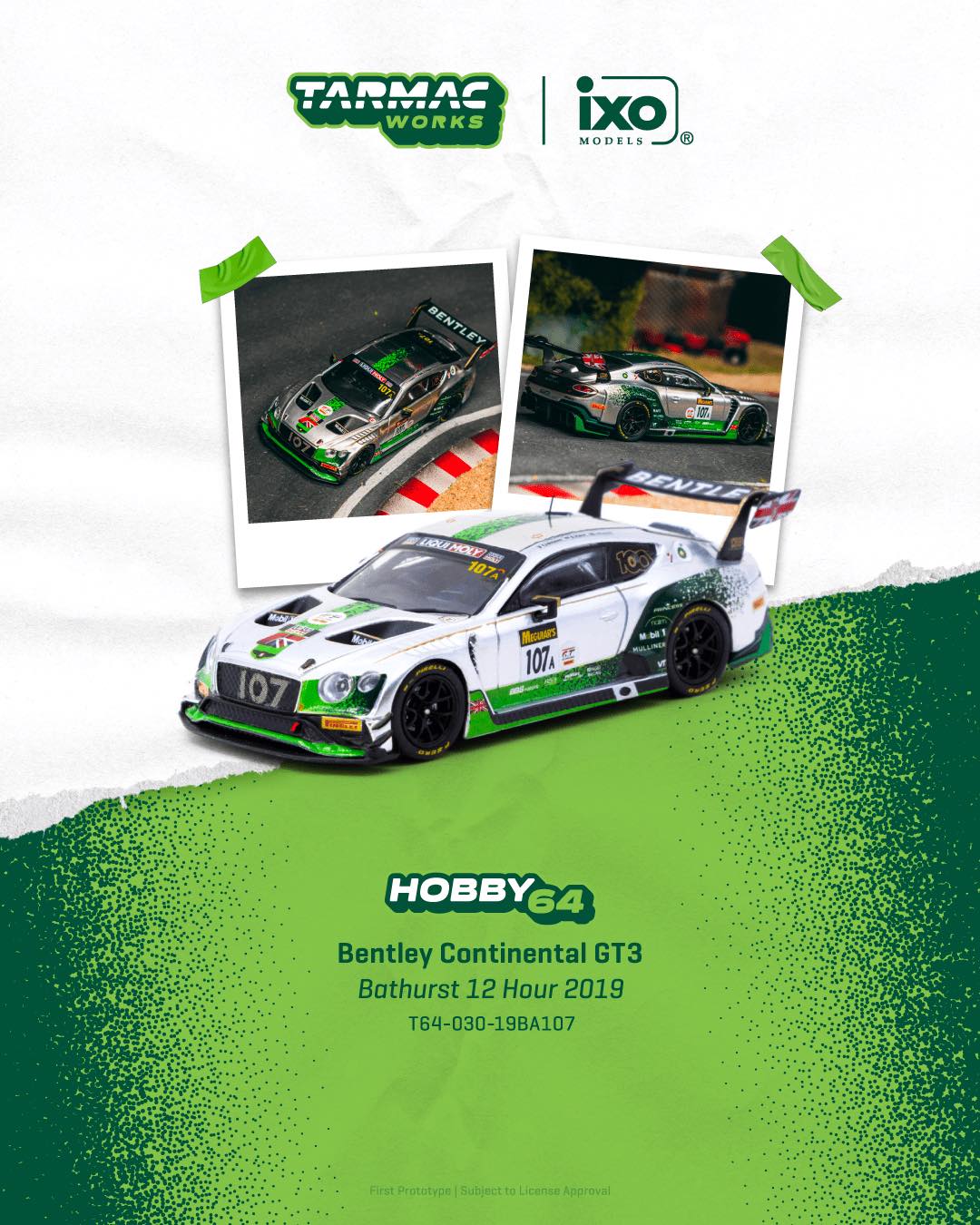 1:64 Tarmac Works Bentley Continental GT3 #107 2019 Bathurst 12 Hour – green and white GT3 die-cast race car model.