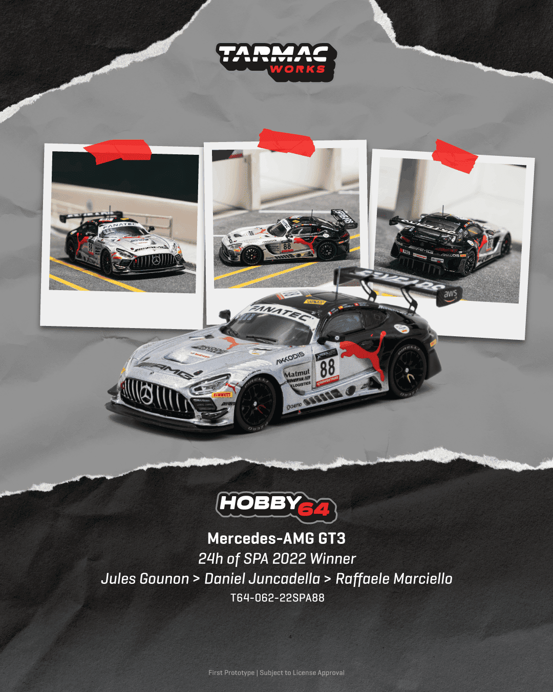Tarmac Works 2022 Mercedes-AMG GT3 #88 Jules Gounon 24 Hours of Spa winner, a 1:64 Hobby64 model.