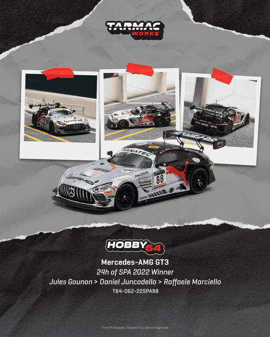 Tarmac Works 2022 Mercedes-AMG GT3 #88 Jules Gounon 24 Hours of Spa winner, a 1:64 Hobby64 model.