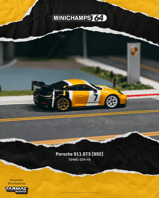Tarmac Works 2022 Porsche 911 992 GT3 in black and yellow, a 1:64 Collab64 diecast model.