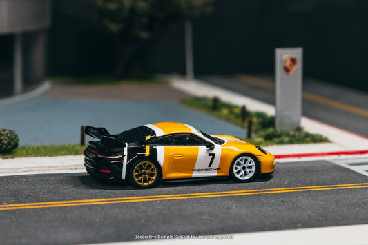 Tarmac Works 2022 Porsche 911 992 GT3 in black and yellow, a 1:64 Collab64 diecast model.