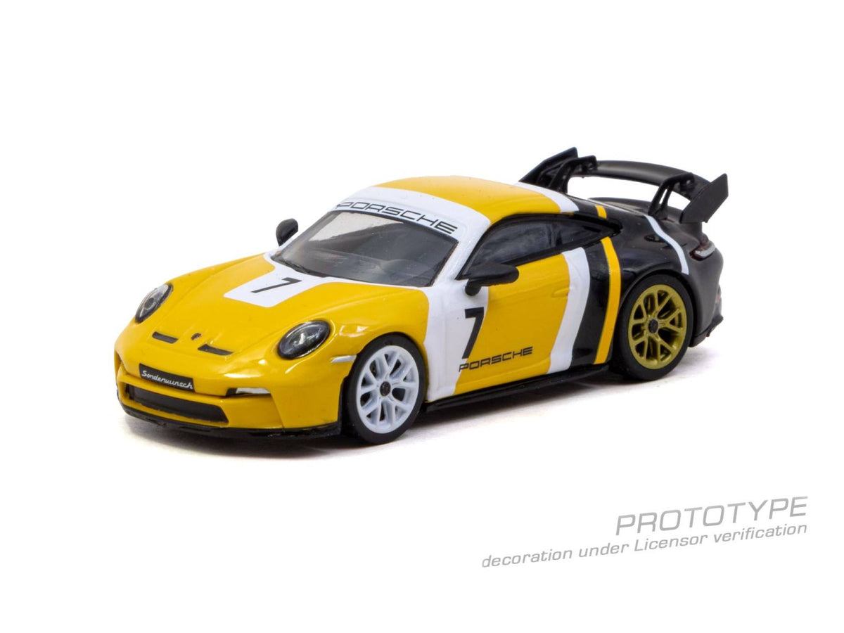 Tarmac Works 2022 Porsche 911 992 GT3 in black and yellow, a 1:64 Collab64 diecast model.
