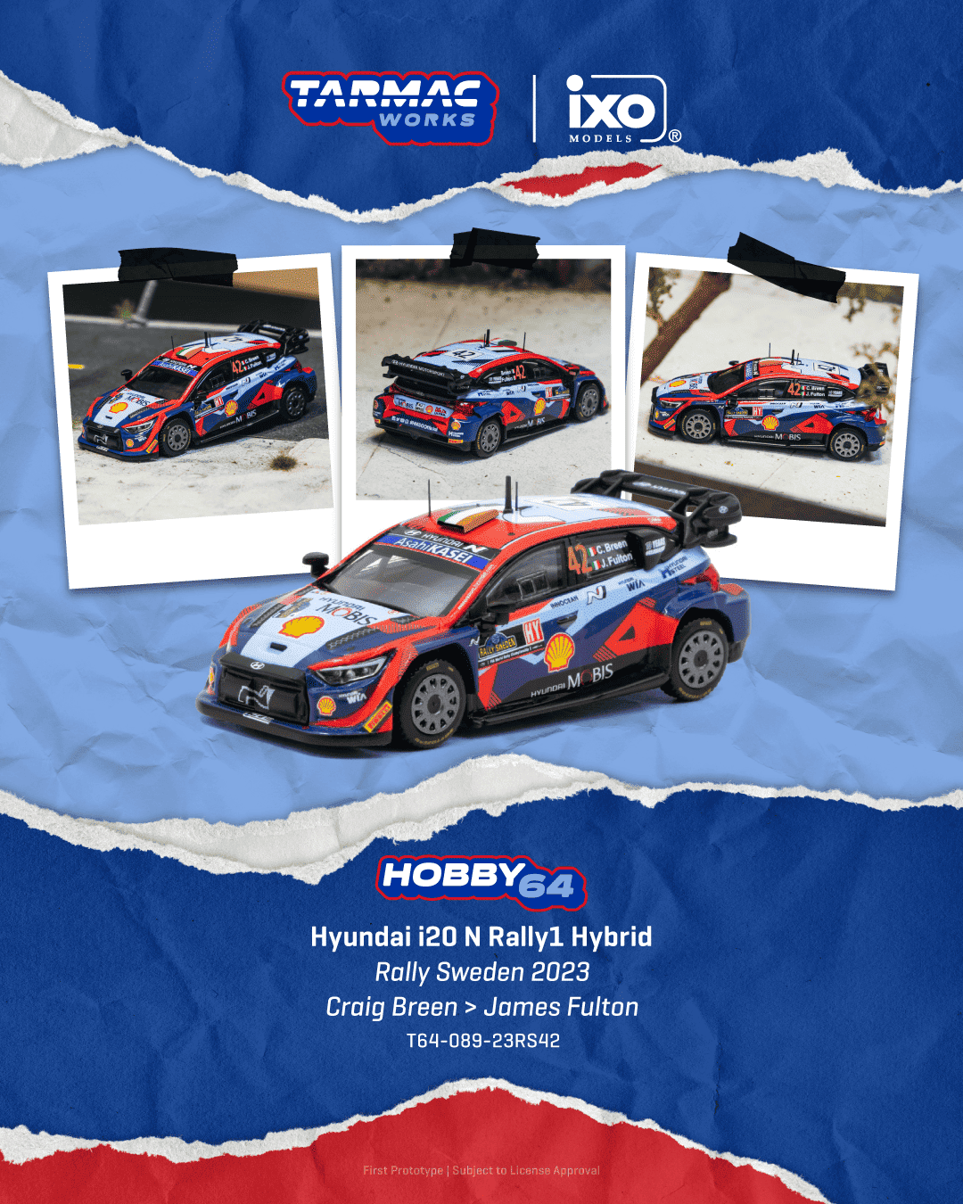 Tarmac Works 2023 Hyundai i20 N Rally1 Hybrid #42 Craig Breen Rally Sweden, a 1:64 Hobby64 model.