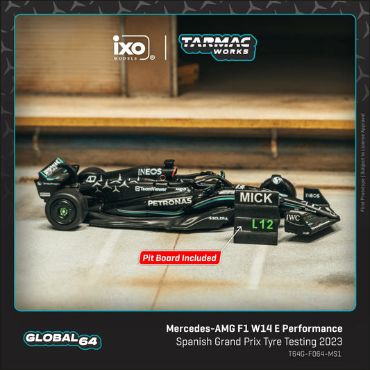 Tarmac Works 1:64 Mercedes-AMG F1 W14 Mick Schumacher Spanish GP Tyre Test with pit board