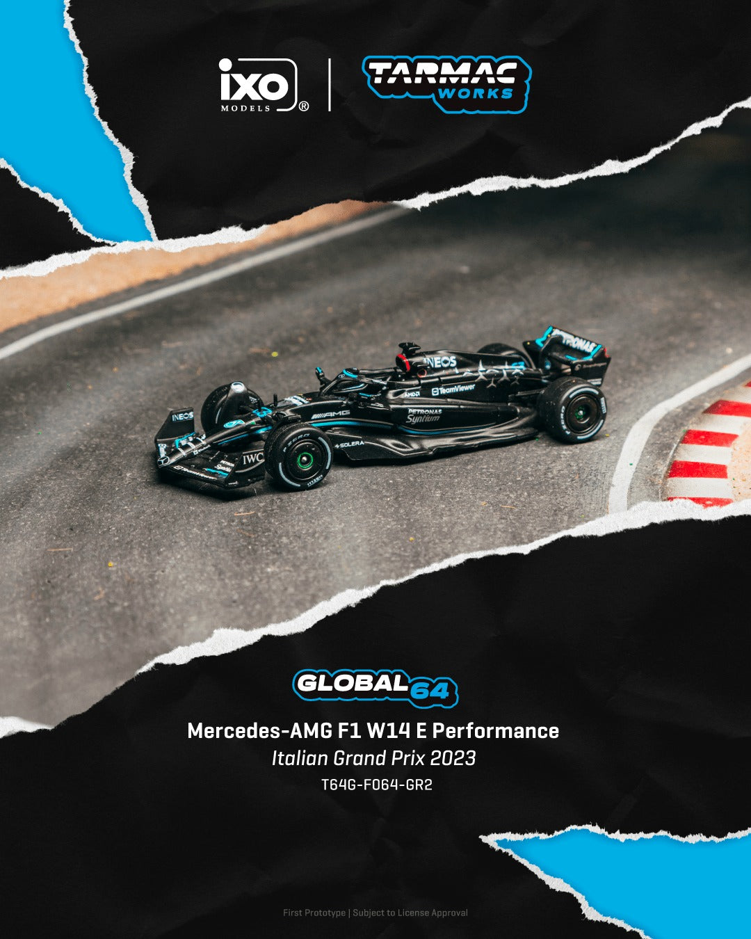 1:64 Tarmac Works Mercedes-AMG F1 W14 E Performance George Russell Italian GP 2023 – black Global64 die-cast model.