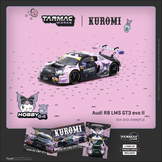 1:64 Tarmac Works Audi R8 LMS GT3 evo II #10 Adderly Fong 2024 Macau GT Cup with Uno Racing livery and trading cards.