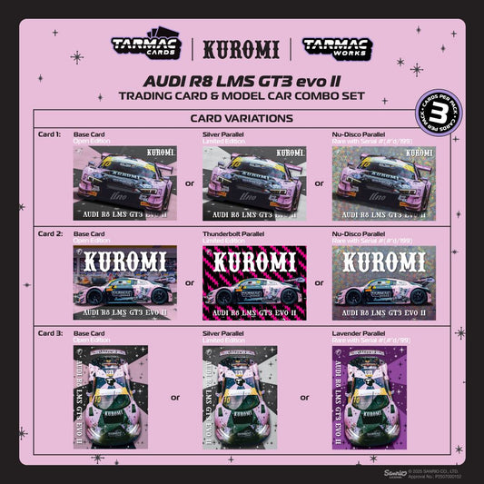 1:64 Tarmac Works Audi R8 LMS GT3 evo II #10 Adderly Fong 2024 Macau GT Cup with Uno Racing livery and trading cards. Cards