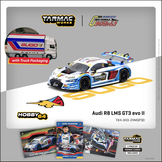 1:64 Tarmac Works Audi R8 LMS GT3 evo II James Yu 2024 Macau GT Cup in Uno Racing livery with trading cards and truck packaging.