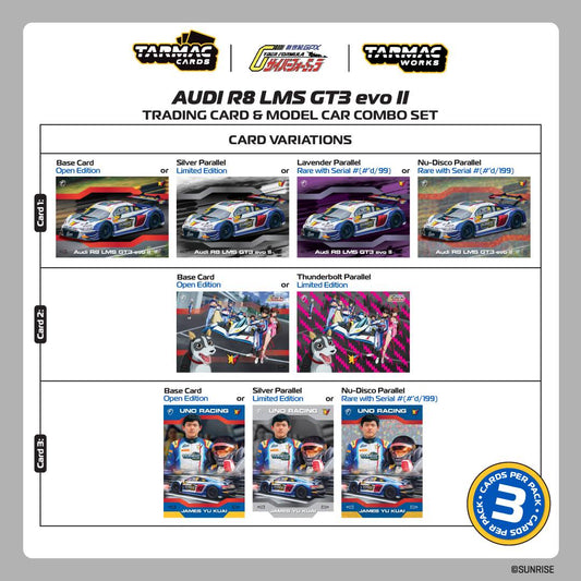 1:64 Tarmac Works Audi R8 LMS GT3 evo II James Yu 2024 Macau GT Cup in Uno Racing livery with trading cards and truck packaging. Cards