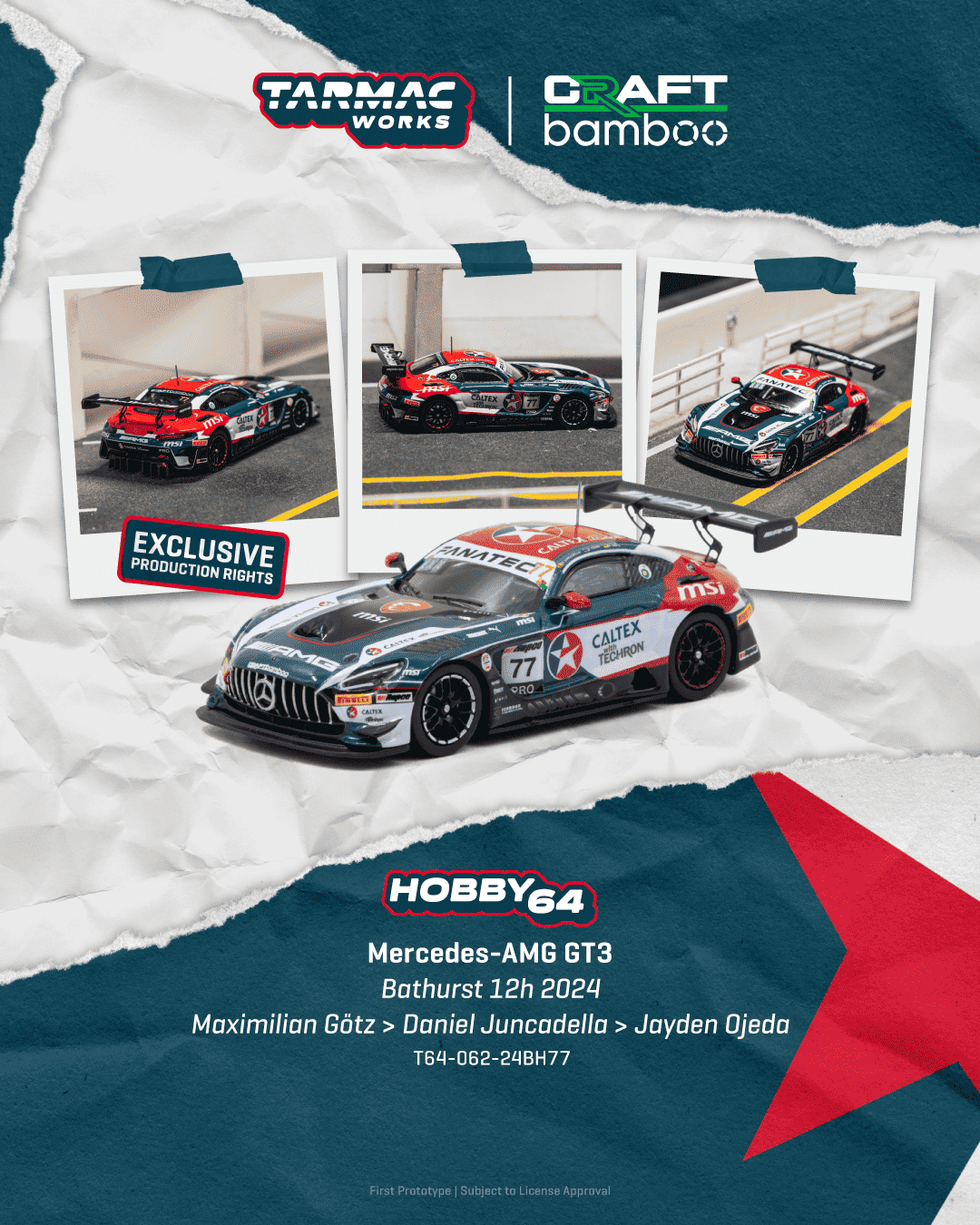 Tarmac Works 2024 Mercedes-AMG GT3 #77 Maximilian Götz Bathurst 12 Hour, a 1:64 Hobby64 collector model.