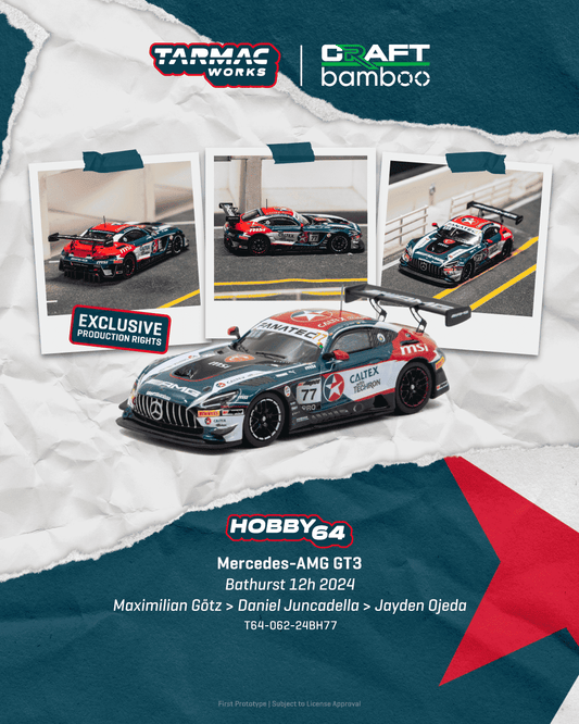 Tarmac Works 2024 Mercedes-AMG GT3 #77 Maximilian Götz Bathurst 12 Hour, a 1:64 Hobby64 collector model.