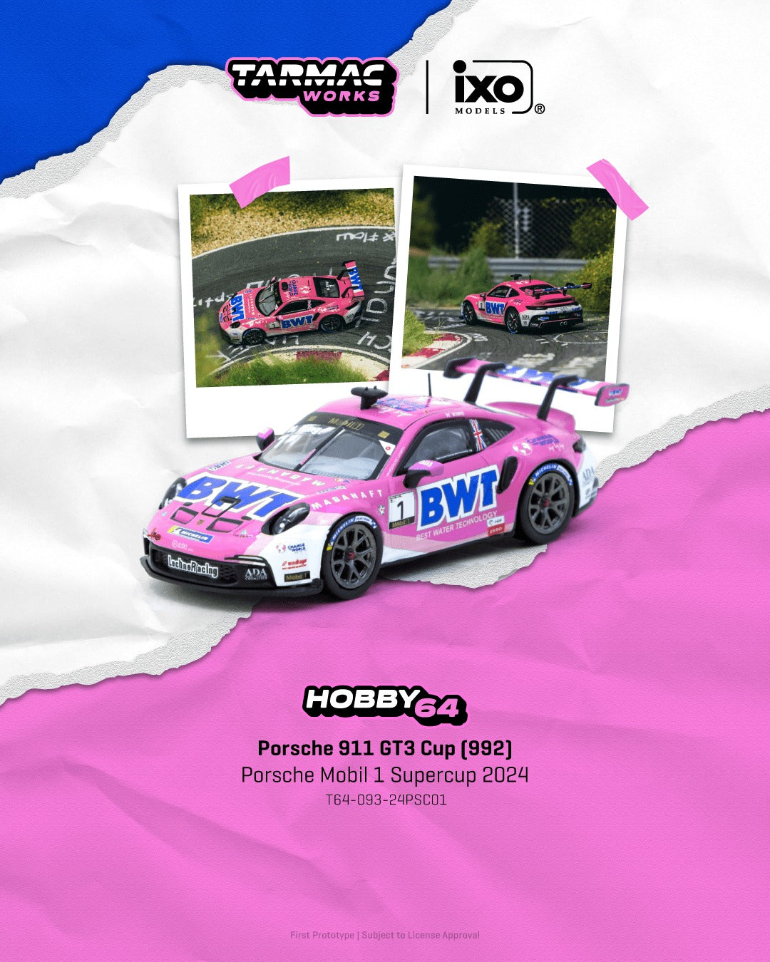 Tarmac Works 2024 Porsche 911 GT3 Cup (992) #1 Harry King, Porsche Mobil 1 Supercup, 1:64 scale model. Poster