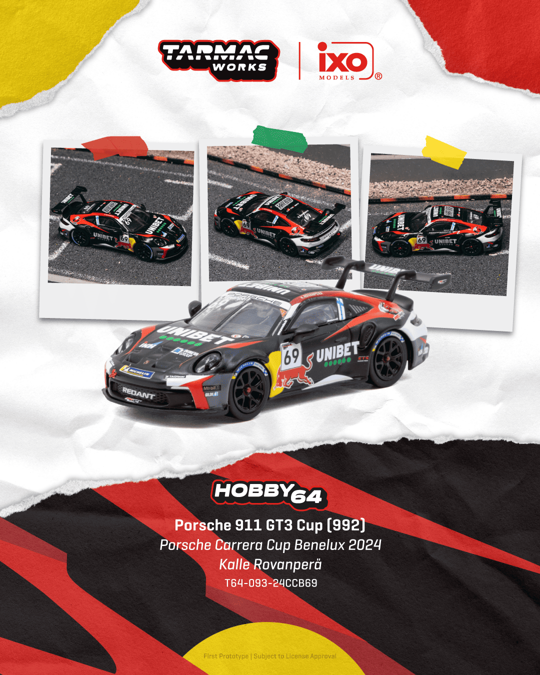 Tarmac Works Hobby64 Porsche 911 GT3 Cup 992 number 69 Kalle Rovanperä Porsche Carrera Cup Benelux 2024