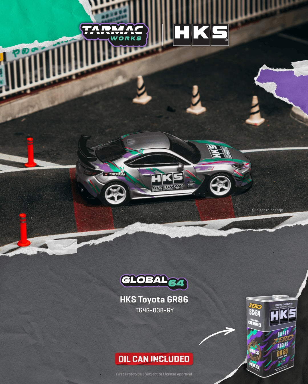 Tarmac Works 1:64 Toyota GR86 HKS 2024 grey oil can edition diecast model