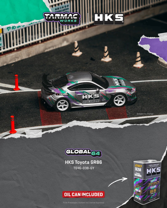 Tarmac Works 1:64 Toyota GR86 HKS 2024 grey oil can edition diecast model