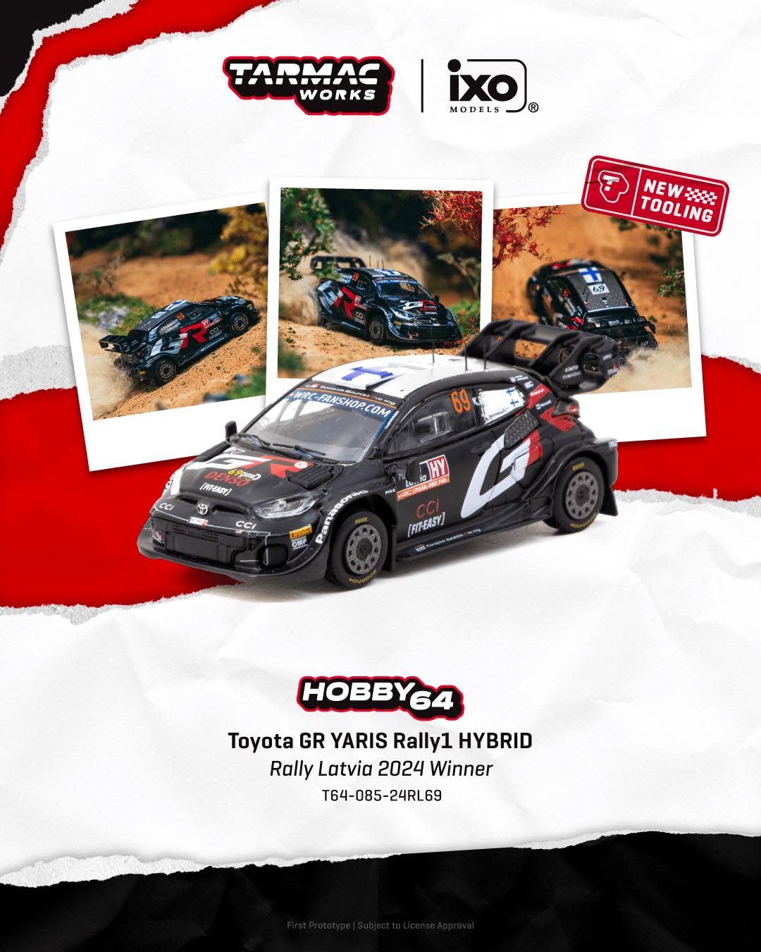 1:64 Tarmac Works Toyota GR Yaris Rally1 Hybrid 2024 Rally Latvia Winner – WRC die-cast model with display base.