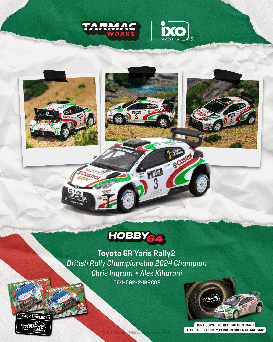 Tarmac Works 2024 Toyota Yaris GR Rally1 Hybrid #3 Chris Ingram British Rally Championship Champion, 1:64 Hobby64.