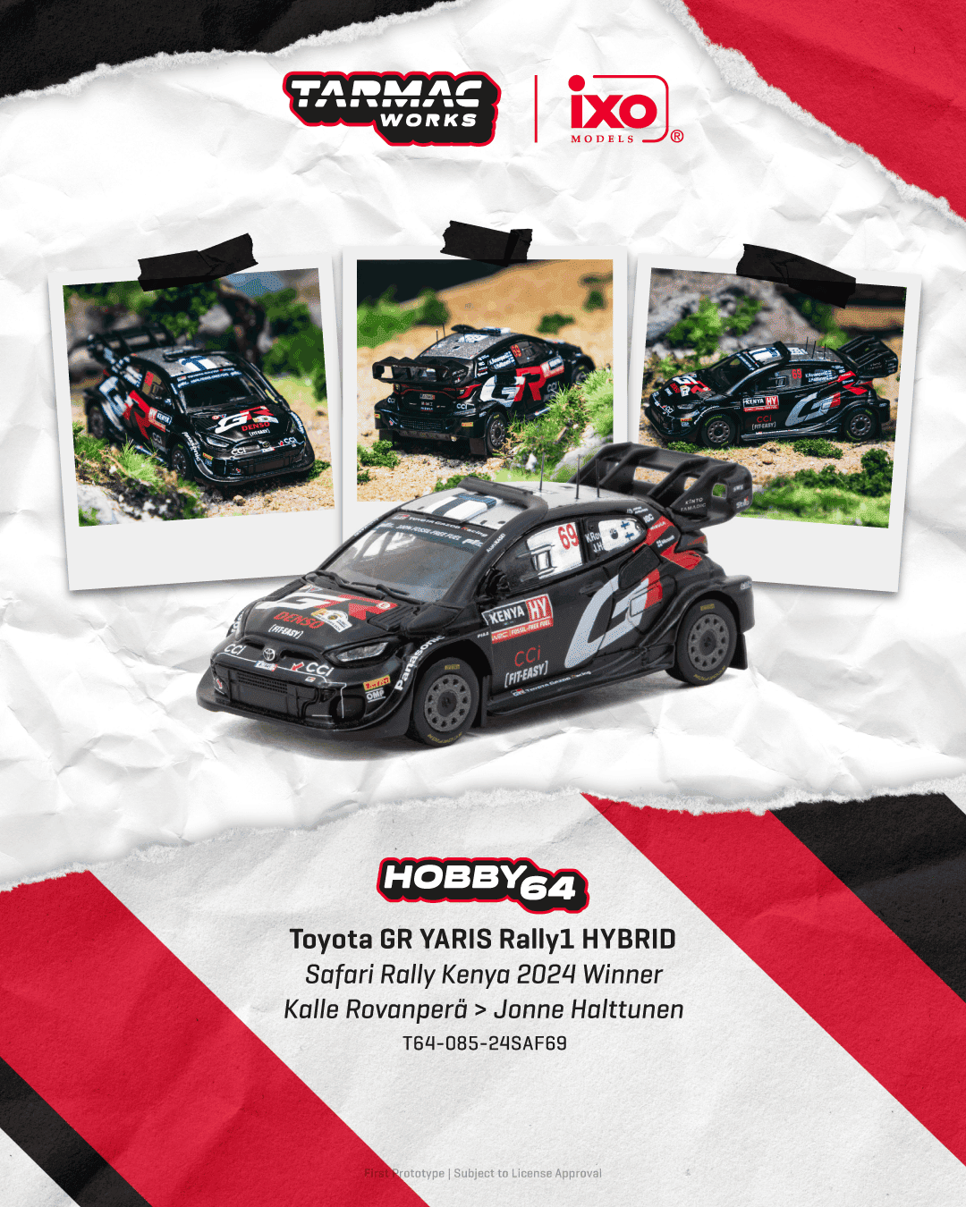 Tarmac Works 2024 Toyota Yaris GR Rally1 Hybrid #69 Kalle Rovanperä, Safari Rally Kenya winner, in 1:64 Hobby64 scale.