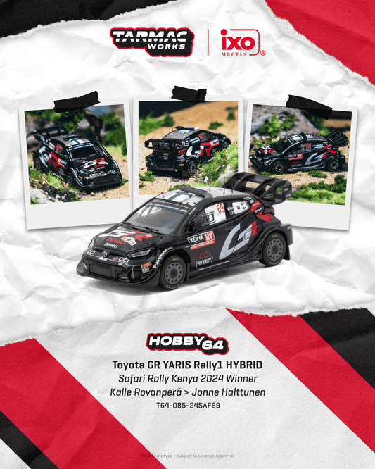 Tarmac Works 2024 Toyota Yaris GR Rally1 Hybrid #69 Kalle Rovanperä, Safari Rally Kenya winner, in 1:64 Hobby64 scale.