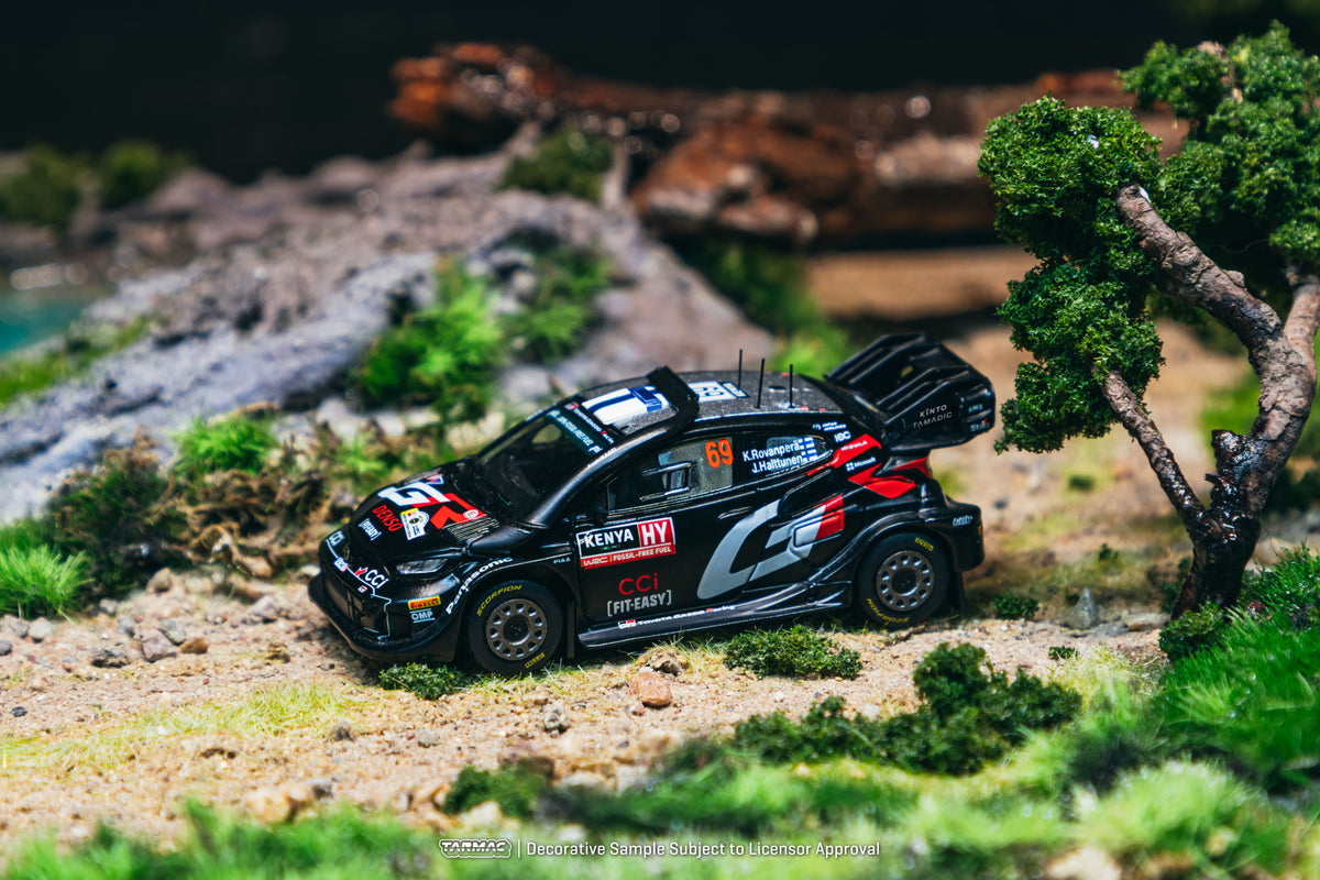 Tarmac Works 2024 Toyota Yaris GR Rally1 Hybrid #69 Kalle Rovanperä, Safari Rally Kenya winner, in 1:64 Hobby64 scale.