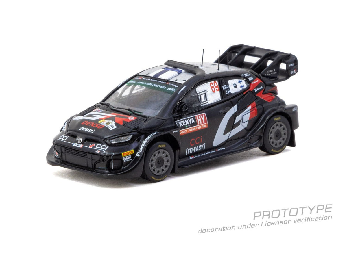 Tarmac Works 2024 Toyota Yaris GR Rally1 Hybrid #69 Kalle Rovanperä, Safari Rally Kenya winner, in 1:64 Hobby64 scale.
