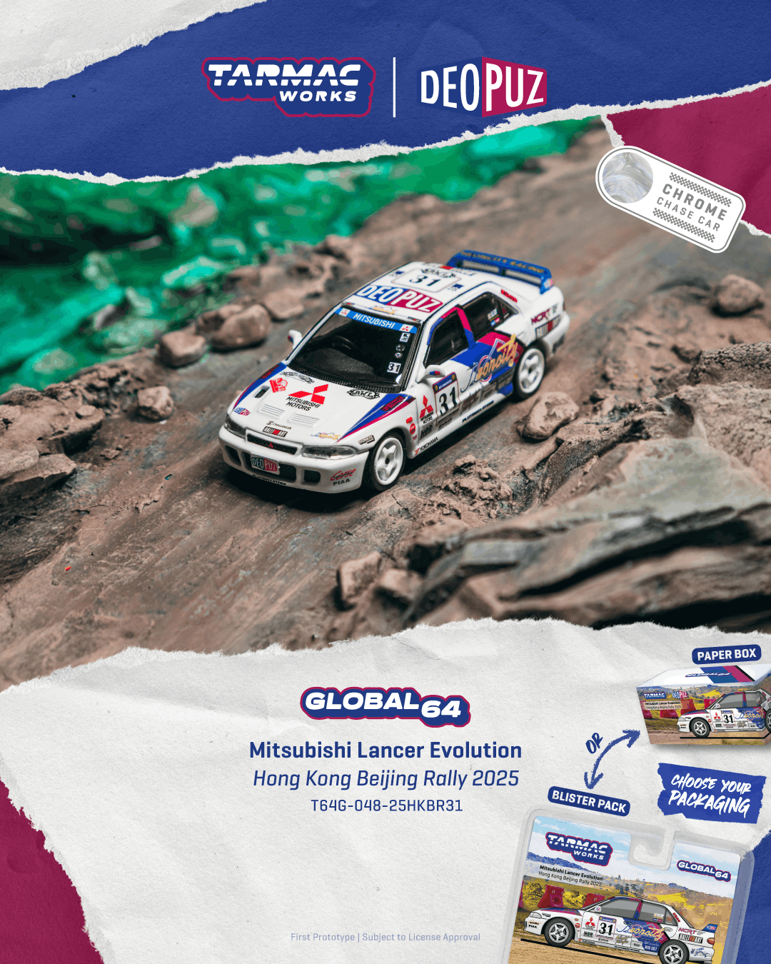 Tarmac Works 2025 Mitsubishi Lancer Evolution Hong Kong Beijing Rally, a 1:64 Global64 diecast model.