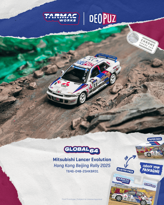 Tarmac Works 2025 Mitsubishi Lancer Evolution Hong Kong Beijing Rally, a 1:64 Global64 diecast model.