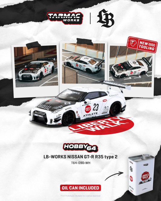 Tarmac Works 1:64 Nissan GT-R R35 LB Works Type 2 white Athlete X Collect oil can edition with display case