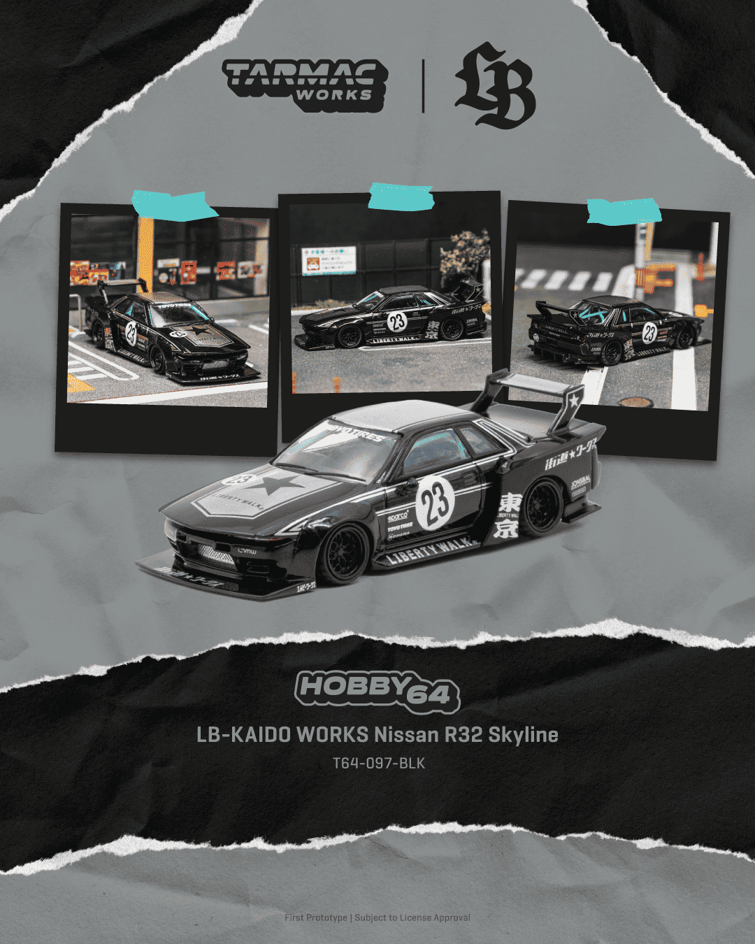 Tarmac Works 2025 Nissan Skyline R32 LB-Kaido Works in black, a widebody 1:64 Hobby64 collector model.