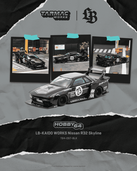 Tarmac Works 2025 Nissan Skyline R32 LB-Kaido Works in black, a widebody 1:64 Hobby64 collector model.