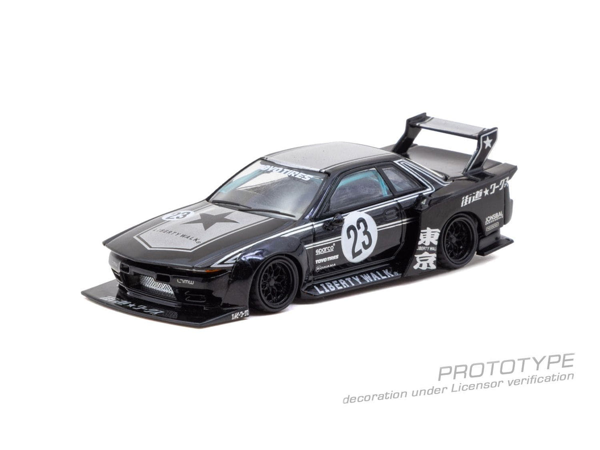 Tarmac Works 2025 Nissan Skyline R32 LB-Kaido Works in black, a widebody 1:64 Hobby64 collector model.