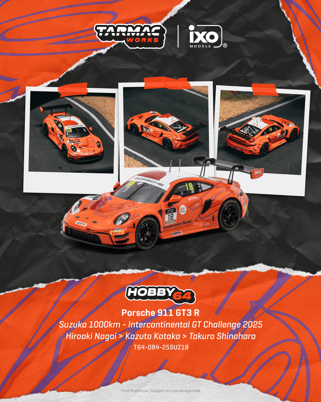 Tarmac Works 2025 Porsche 911 992 GT3 #18 Hiroaki Nagai Suzuka 1000km, a 1:64 Hobby64 model.