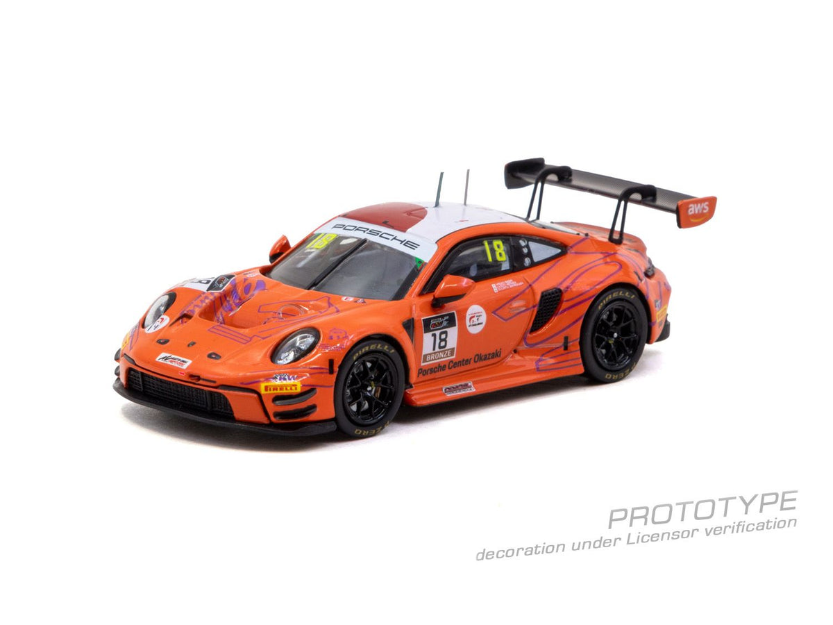 Tarmac Works 2025 Porsche 911 992 GT3 #18 Hiroaki Nagai Suzuka 1000km, a 1:64 Hobby64 model.
