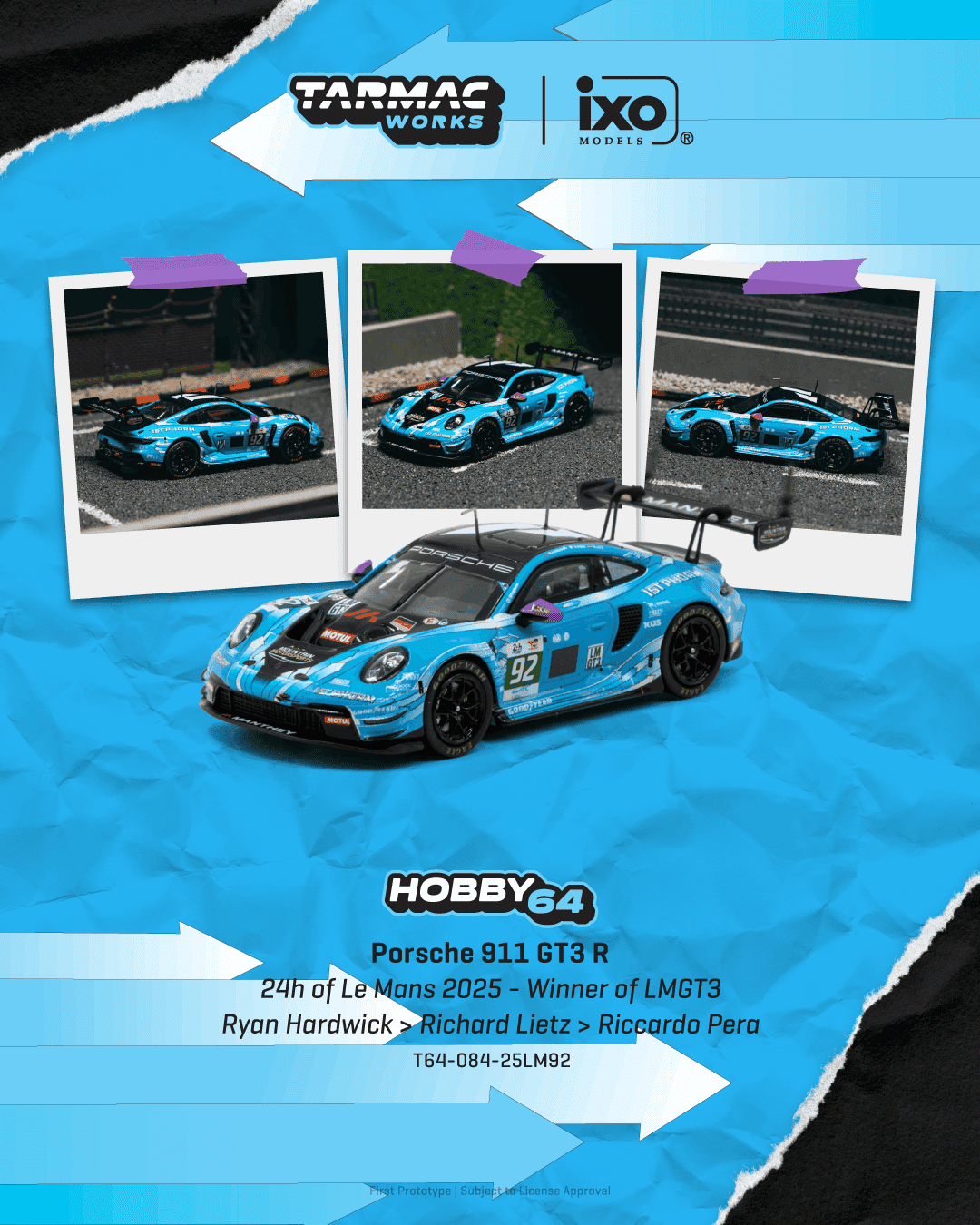 Tarmac Works 2025 Porsche 911 992 GT3 R #92 Ryan Hardwick CAT 24 Hours of Le Mans winner, 1:64 Hobby64.
