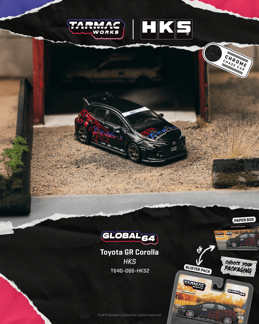 Tarmac Works Global64 2025 Toyota GR Corolla HKS edition in 1:64 scale with performance-inspired decoration