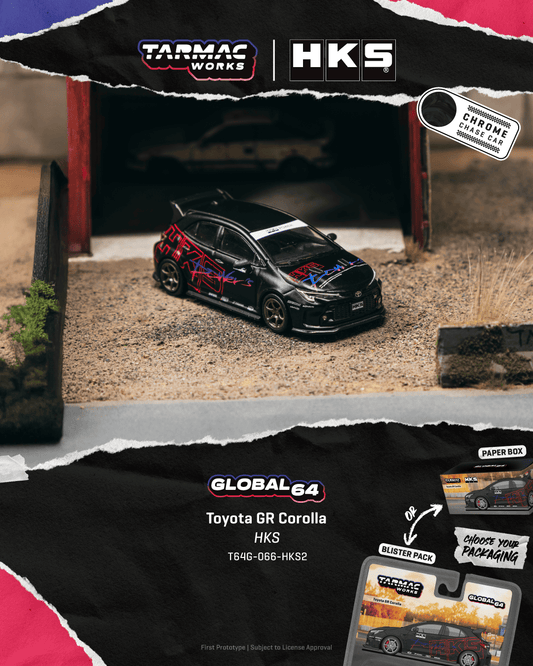 Tarmac Works Global64 2025 Toyota GR Corolla HKS edition in 1:64 scale with performance-inspired decoration