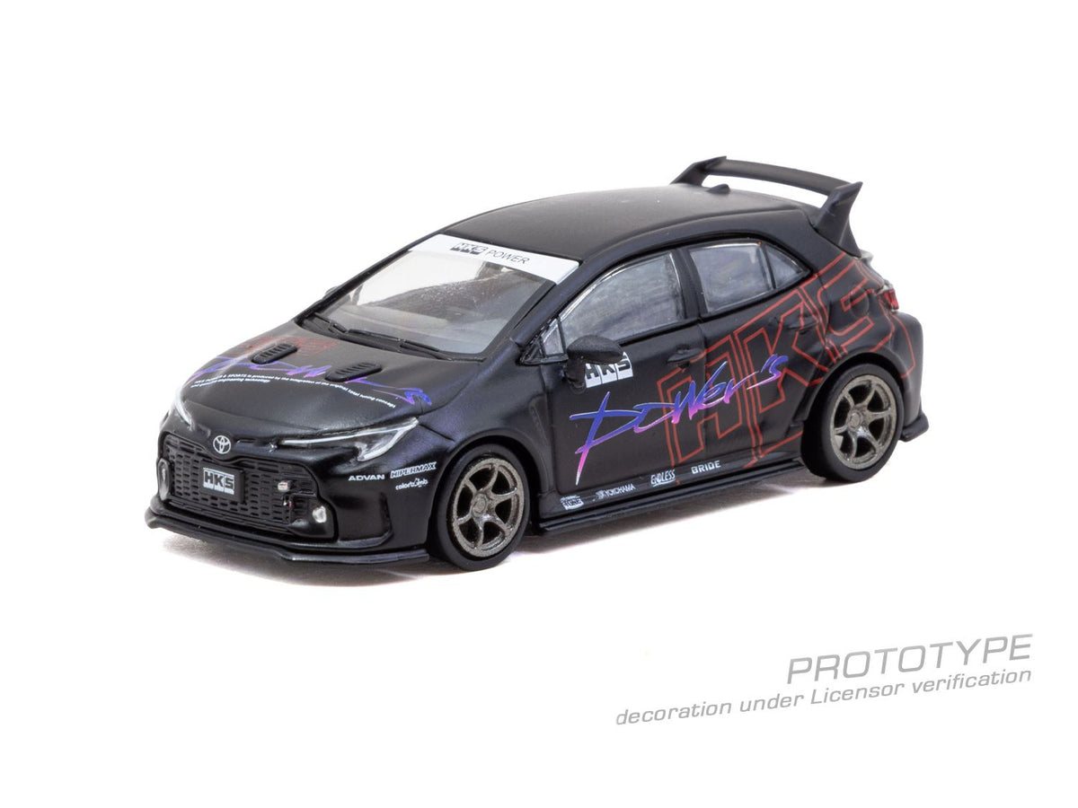 Tarmac Works Global64 2025 Toyota GR Corolla HKS edition in 1:64 scale with performance-inspired decoration
