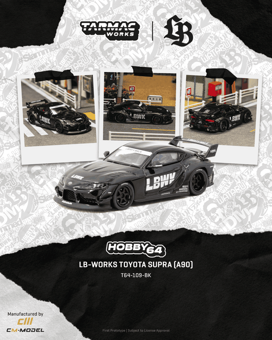 Tarmac Works 2025 Toyota Supra A90 LB-Works in black, a widebody 1:64 Hobby64 diecast model.